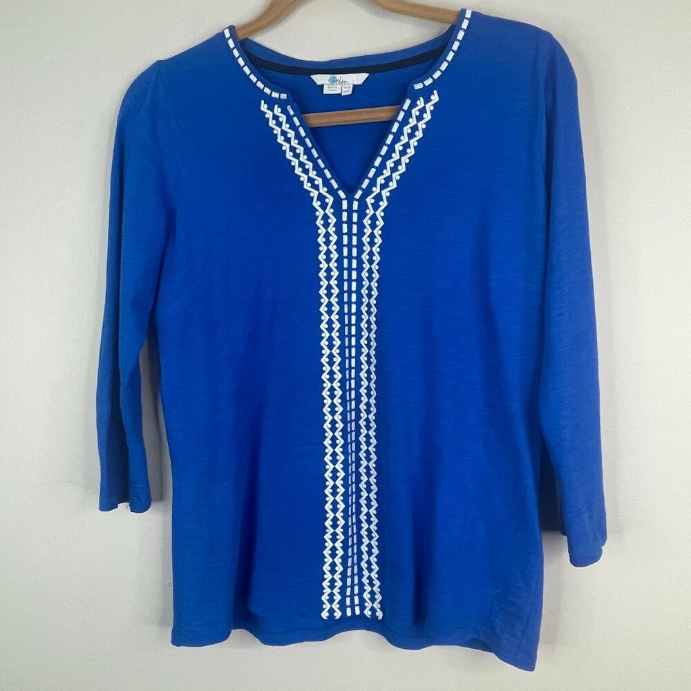 Boden Embroidered Top‎ Womens 6 Royal Blue Pullover 3/4 Sleeve Colorful Casual